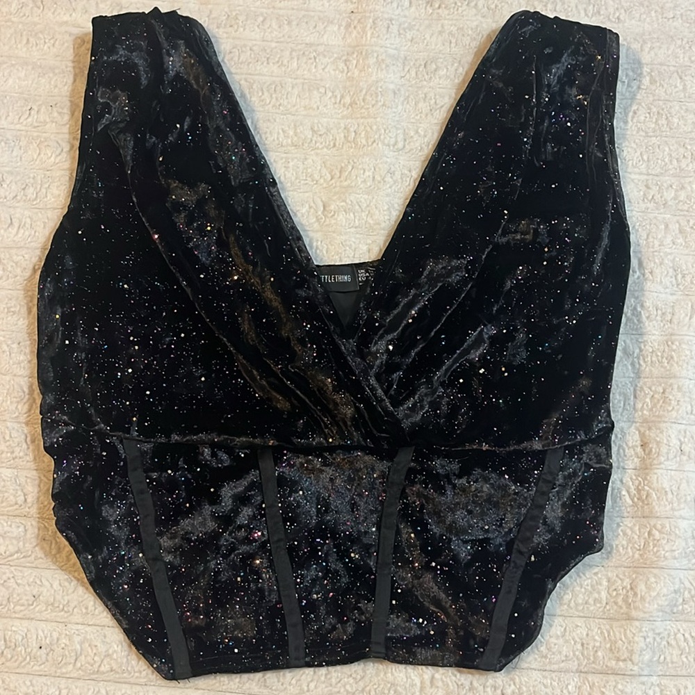 Petite Black Glitter Velvet Corset Top